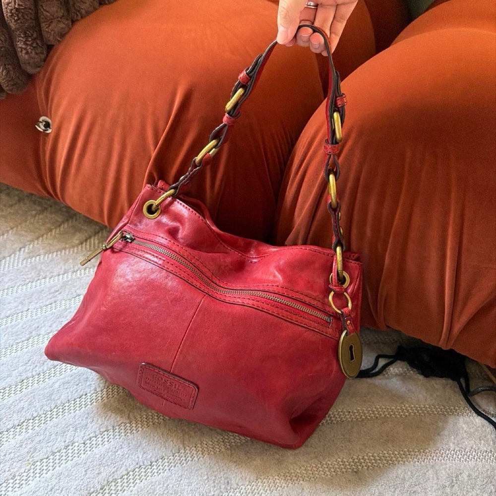 VTG Y2K Fossil Red Leather shoulder bag Hobo Streetwear Baddie Party
